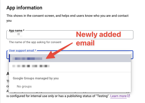 Google OAuth consent screen custom user support email