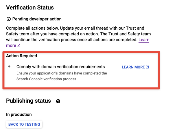 Google OAuth Consent Screen Domain Verification Action Required